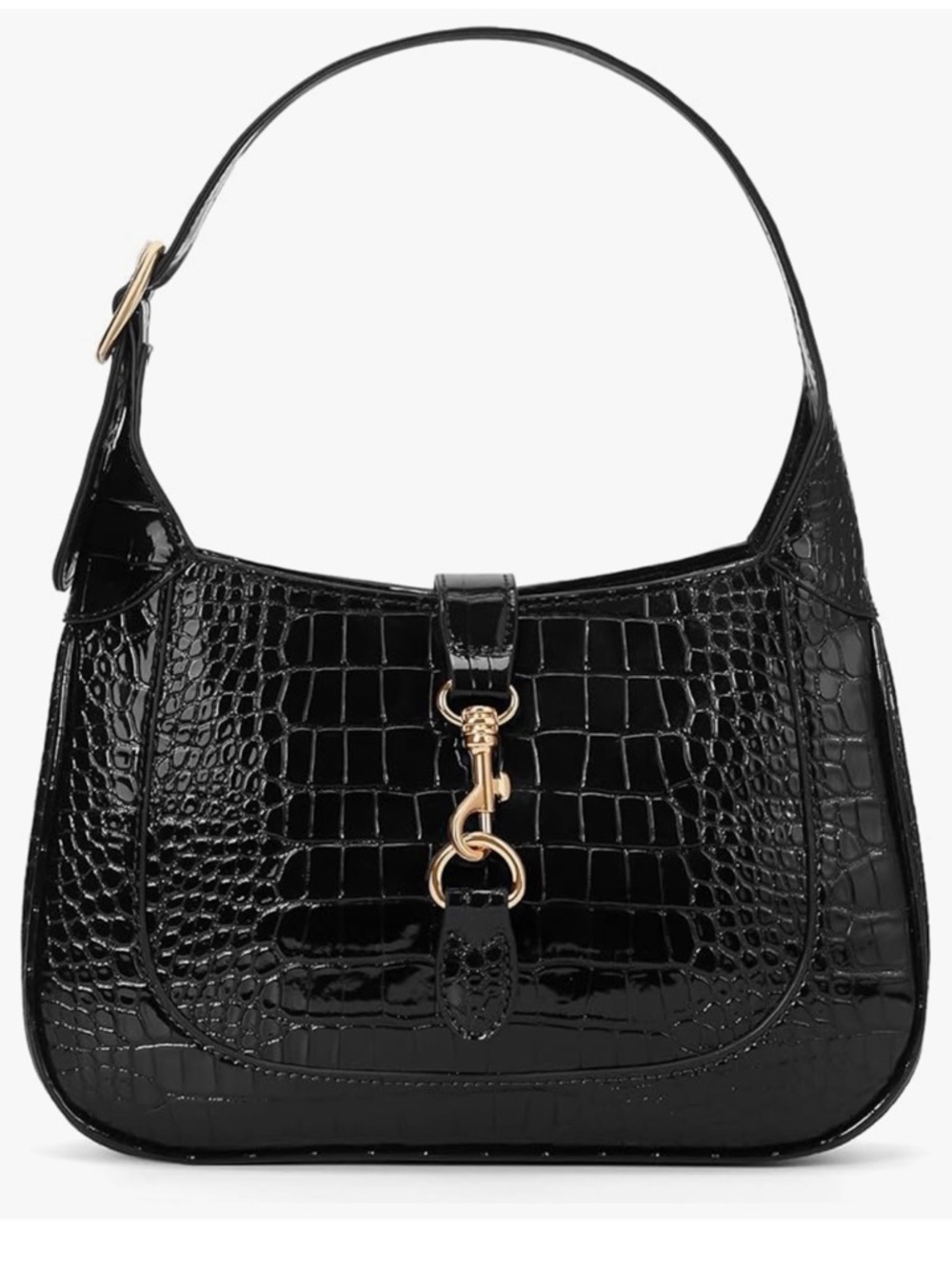 Black Croc-Embossed Shoulder Bag with Gold Hardware